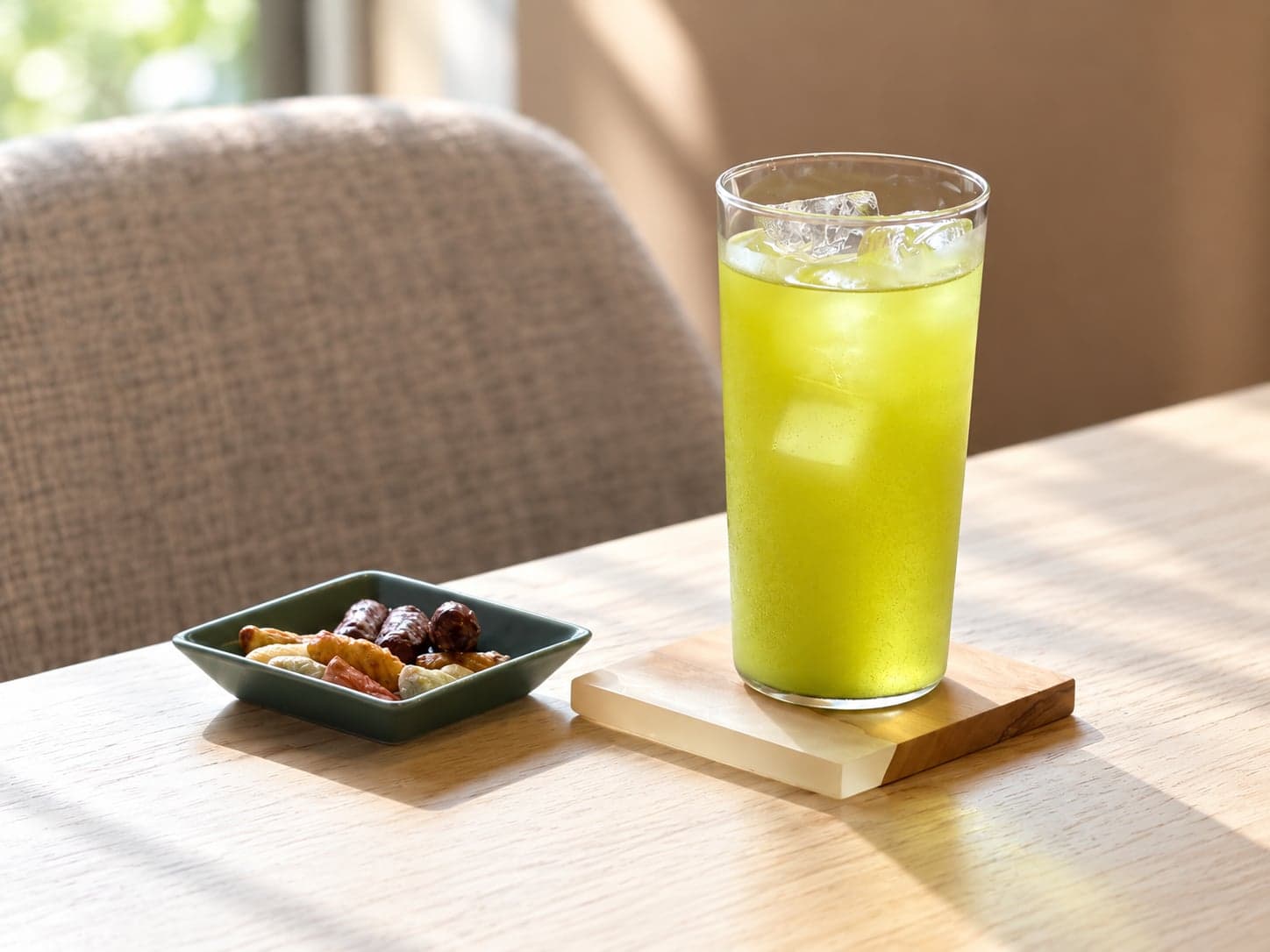 木のコースターに置いた冷たいお茶とお茶請け