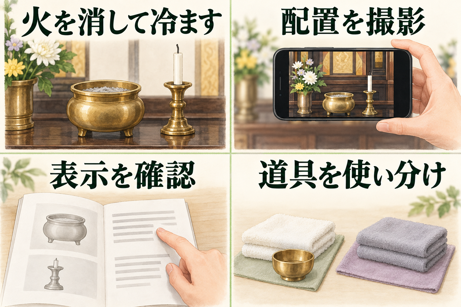 お手入れを始める前の4つの準備。火を消して冷ます、配置を撮影する、取扱い表示を確認する、道具を使い分ける
