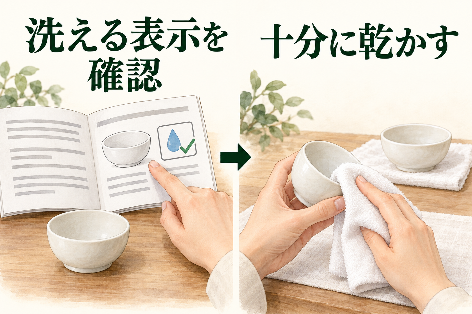 水洗いできると確認した容器だけを洗い、清潔な布で水分を拭き取り、十分に乾かしてから戻す流れ