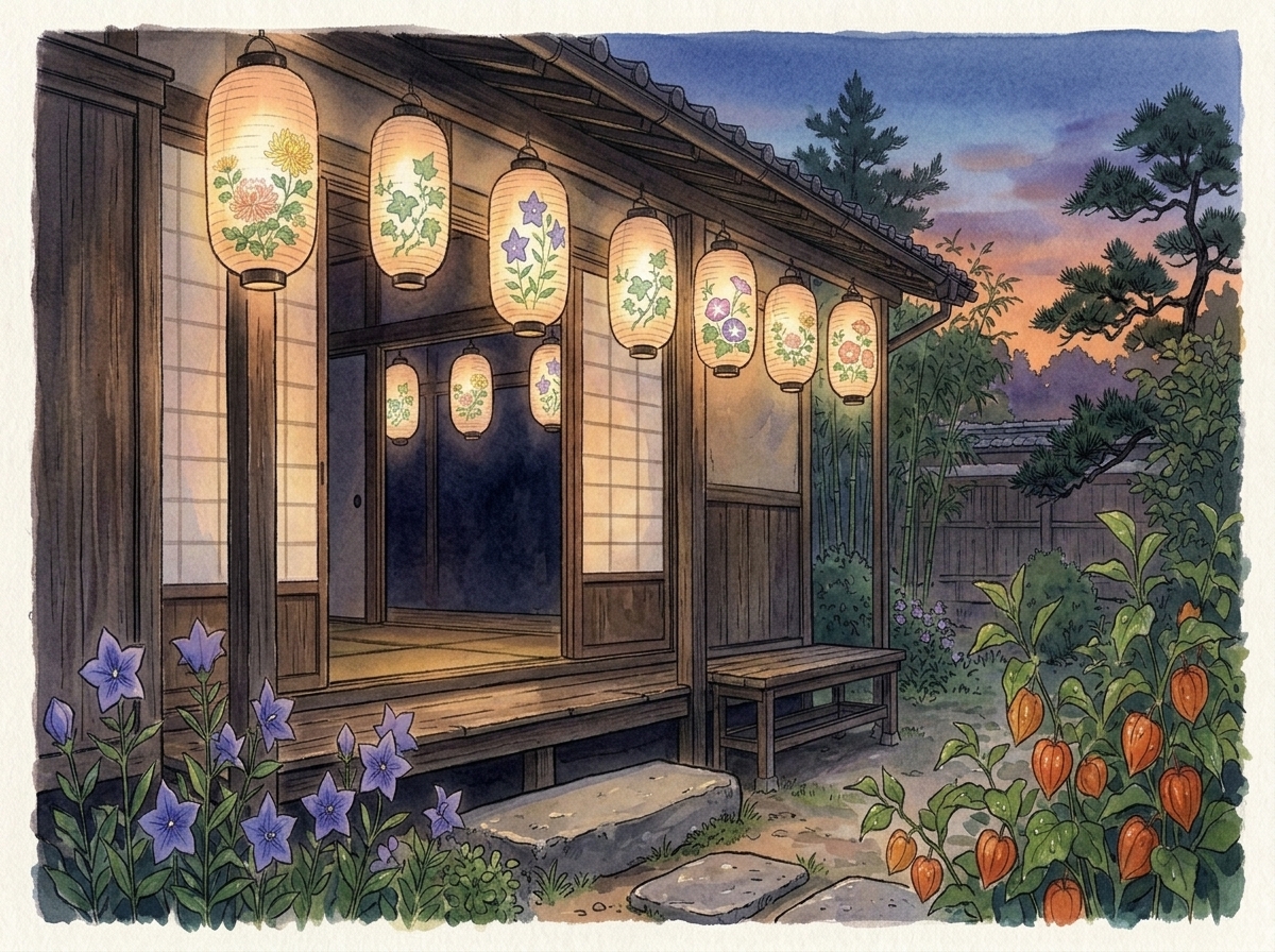 夕暮れの玄関に灯る絵柄入りの盆提灯