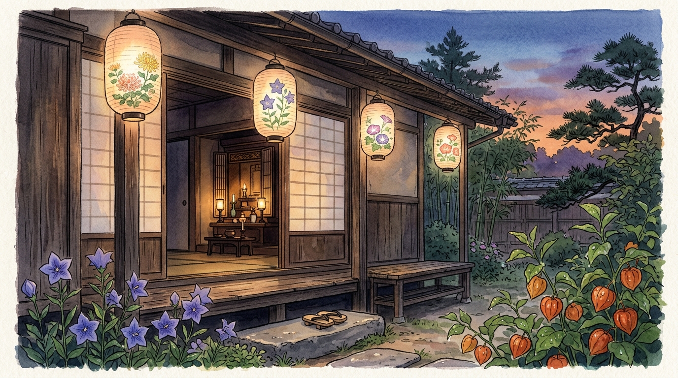 松阪の伝統的な家屋の縁側に灯る絵柄入りの盆提灯