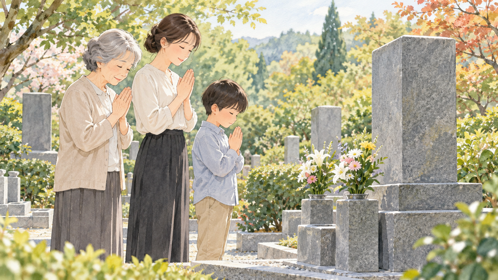 花を供えたお墓の前で、家族三世代が静かに手を合わせるお彼岸のイラスト