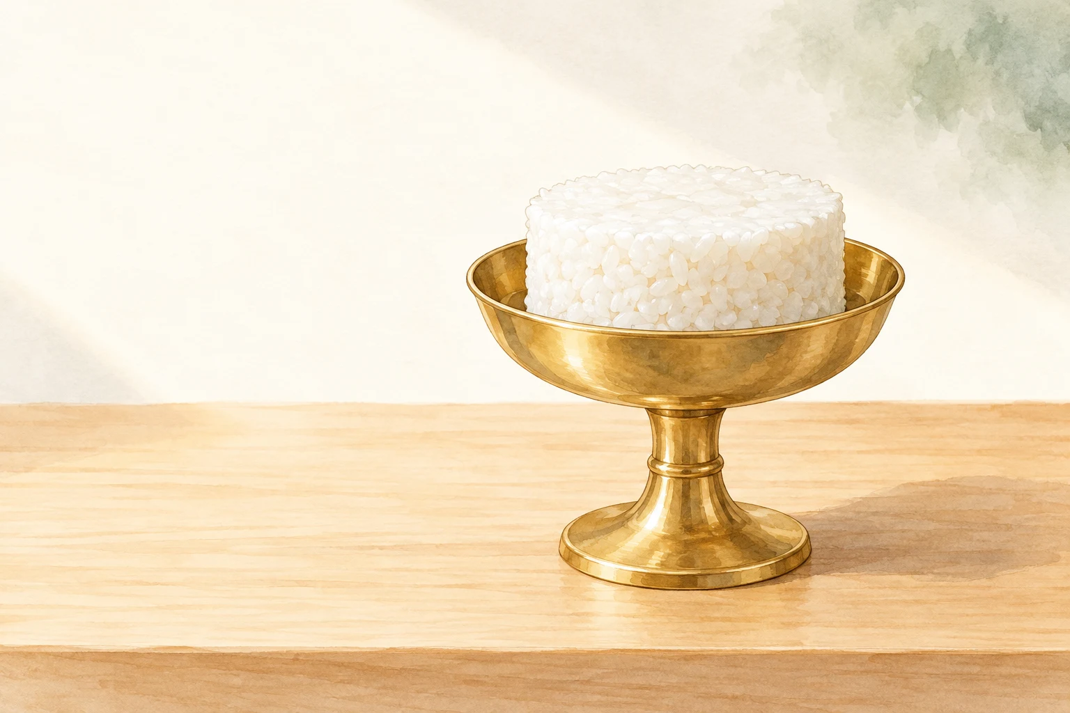 円筒形に盛った白いご飯と仏飯器。真宗大谷派のお仏飯を準備するイメージ